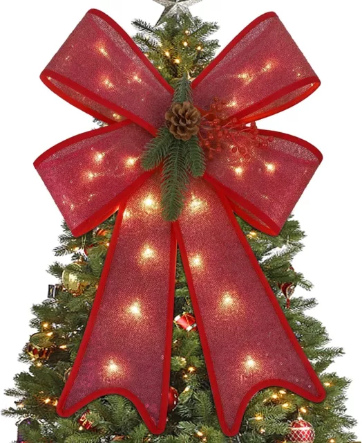 Christmas Tree Topper, LED Lights Bow with Timer Function, Decoration