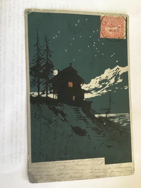 CPA fantaisie - Chalet dans la nuit montagne enneigé