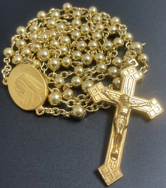 Rosario católico con bolas ponderadas de vida financiera tono dorado de 5 décadas