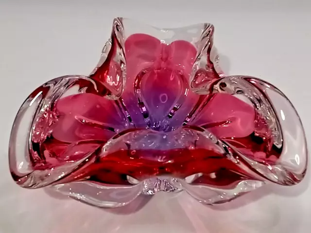 Large Pink + Purple Hand Blown Art Glass Footed Trefoil Shaped Bowl,VGC.