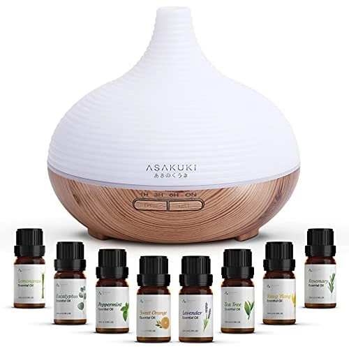 ASAKUKI 300ml Essential Oil Diffuser with 8 * 10ml Pure Essential Oil Gift Set,