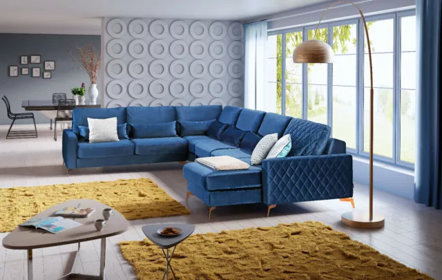 XXL WOHNLANDSCHAFT 385cm U-FORM ECKSOFA COUCH OTTOMANE BLAU PREMIUM FARBEN SAMT