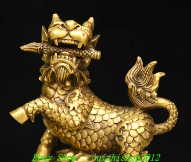 9" Old Brass Copper Wealth Kylin Unicorn Qilin Chi-lin Dragon Beast Statue Pair 2
