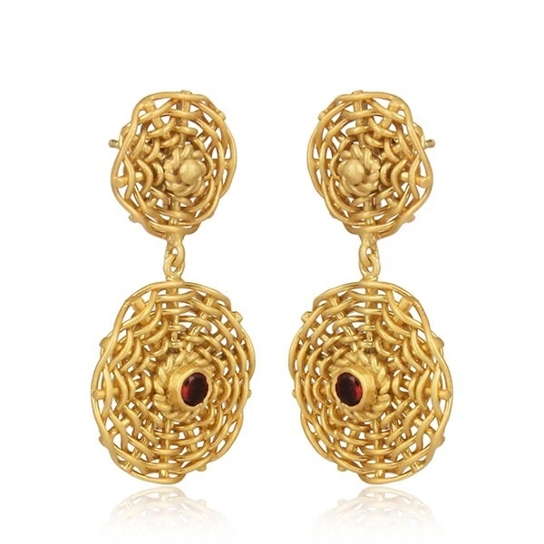 Wire Wrapped Spiral Earring Gold Plated Red Garnet Brass Double Round Earrings 2