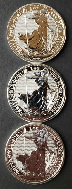Lot of Three 2021 Great Britain 2 Pound 1oz Silver Britannia Coins