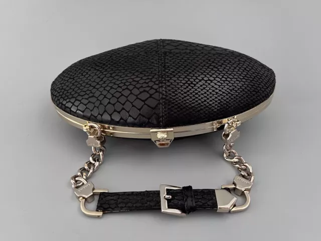 Vintage Versace Profumi Black Snakeskin Pattern Oval Purse Bag Gold Chain Strap