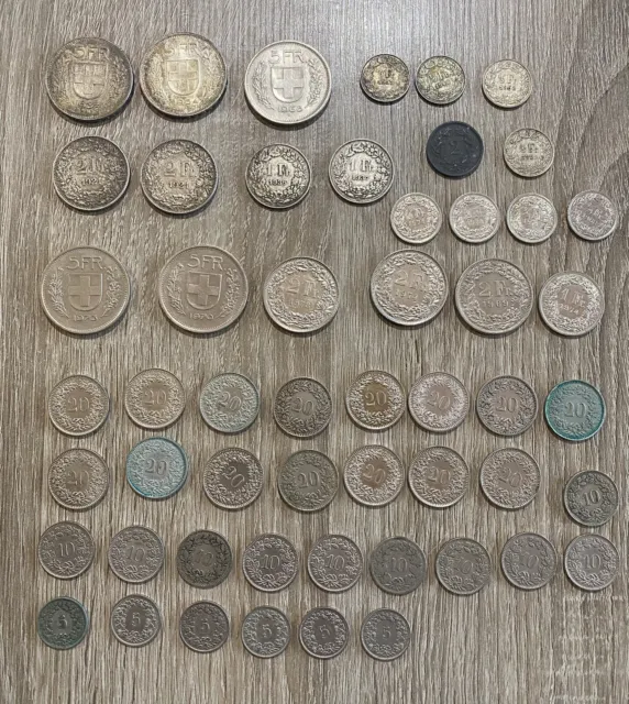 Lot Monnaie SUISSE 🇨🇭 ARGENT et Nickel 253 gr 1 2 5 Francs et 5 10 20 Centimes