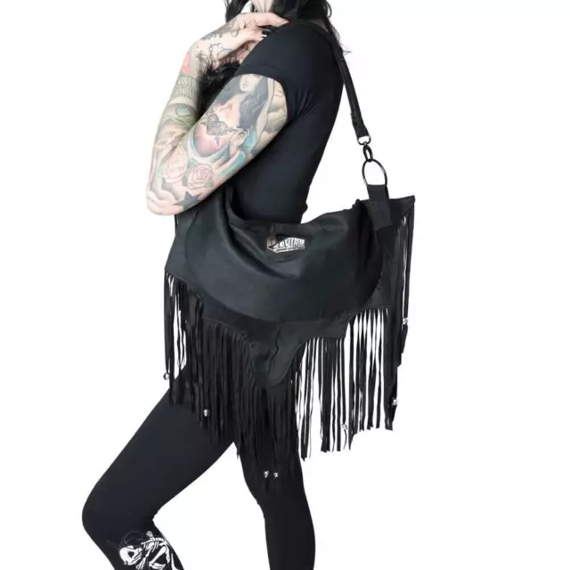 Kreepsville ELVIRA Bat Wing Fringe Large Shoulder Bag Purse Black Faux Suede NWT