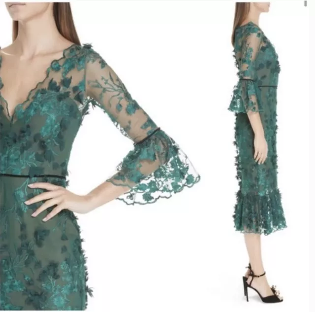 $795 NEW Marchesa Notte Green Embroidered MIDI Dress 3D Flower Lace Size 0 3