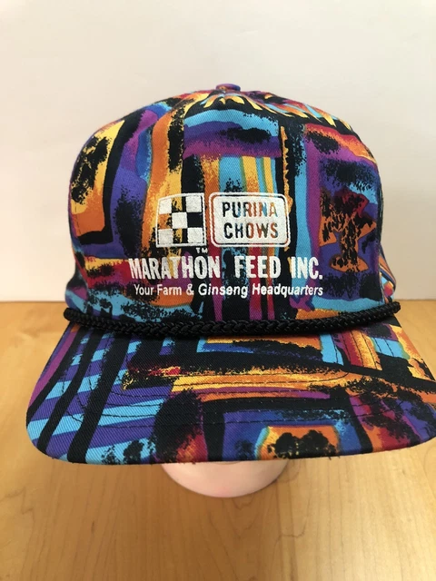 Vtg 80s Nissin Snapback Hat Colorful Abstract Art All Over Print Purina Feed