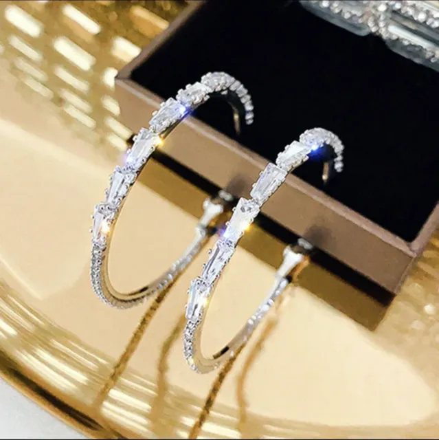 925 Silver  Big Hoop Earring Romantic Women Cubic Zircon Girls Jewellery Gift UK