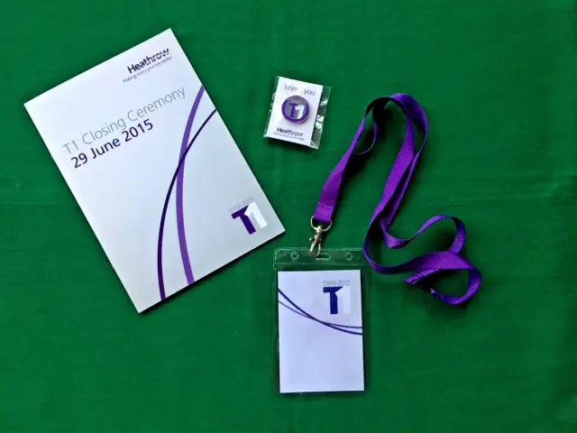 Heathrow Terminal 1 Closing Ceremony booklet with lanyard and pin