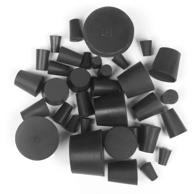 34 Pack Solid Rubber Stoppers 13 Assorted Sizes 000# - 10# Black Tapered Lab ...