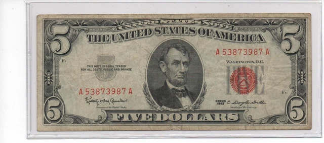 1963 Five Dollar RED Seal Note United States Note Old US Bill $5 Average Circ