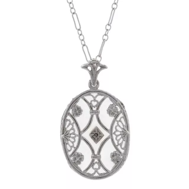 New Glass Pendant Necklace Sterling Silver Diamond Filigree Deco Style