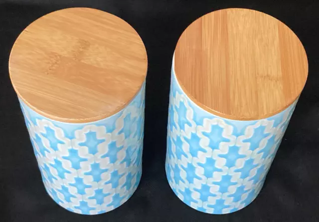 Arabesque Blue Canister Set of 2 with Bamboo Lids 8" VTG Accents by Jay Arabesqu