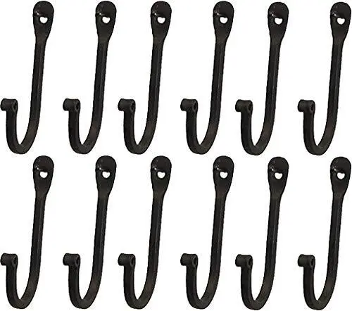 Early American Single Prong Wrought Iron Hooks Set of 12 - Rustic Curved Meta...