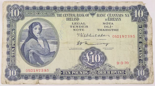 Ireland 1970 10 Pound "Lady Hazel Lavery" Currency Banknote VG Pick #66b