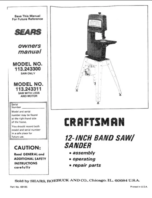 Owner's Manual & Parts List  Sears Craftsman 12" Band Saw - Model 113.243311