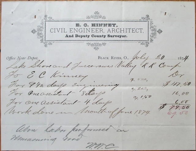 Black River, OH 1874 Letterhead, Architect, Civil Engineer, Surveyor, Ohio