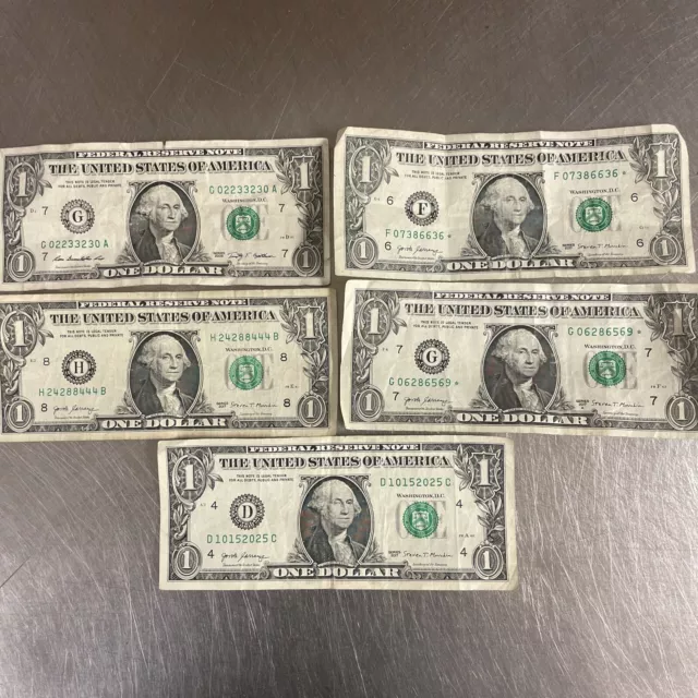 Lot of Five $1 Dollar Bill Federal Reserve Note Rare Trinary, Date, Star Notes