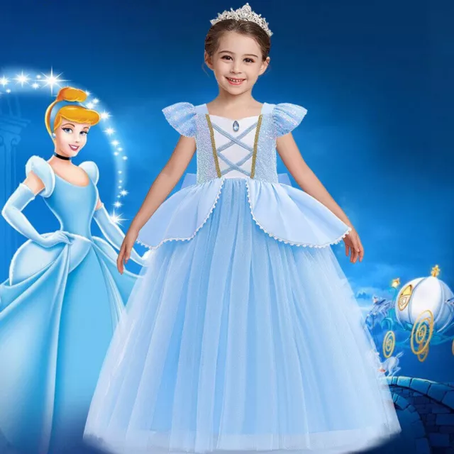 Girls Princess Cinderella Sequin Satin Party Birthday Dress Costume Halloween AU