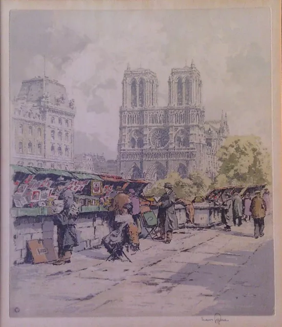 Hans Figura Pencil Signed Etching Paris Street Sellers Scene With Notre Dame