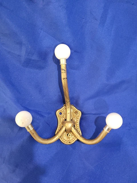 Vtg  Double Solid Brass Porcelain Knobs Wall Mount Hat Coat Towel Hanger 3  Hook