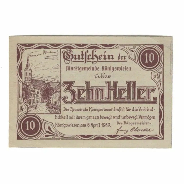 [#323745] Banknote, Austria, Königswiesen O.Ö. Marktgemeinde, 10 Heller, texte 1