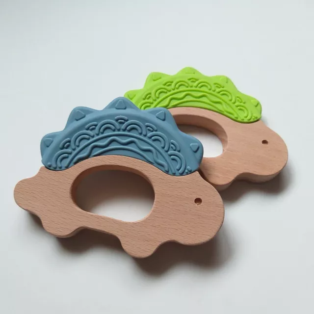 Dinosaur Silicone Teether Sensory Teething Baby Toy Beech Wood BPA Free