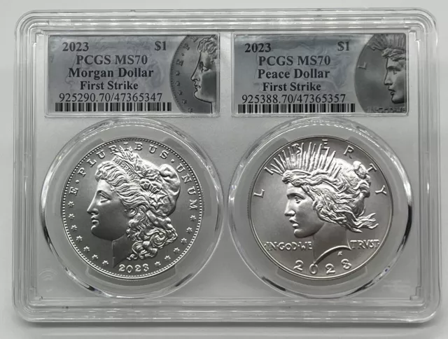 2023 Morgan & Peace Silver Dollar PCGS MS70 FS, Double Holder, MP Label