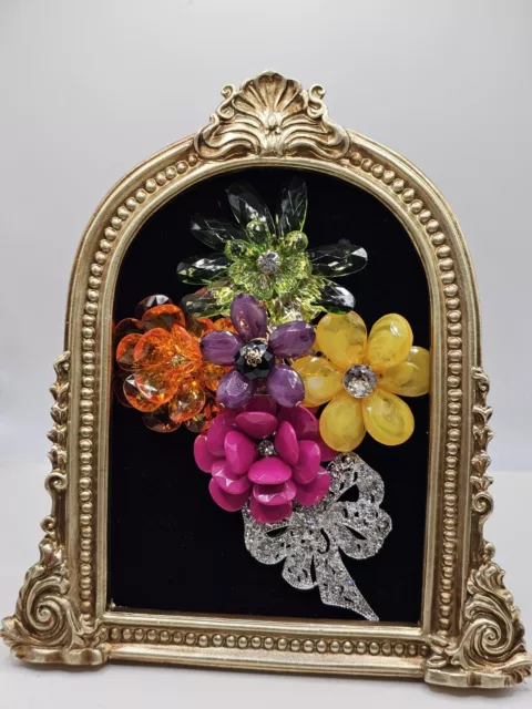 Framed Jewelry Art  Mixed Media Vintage Style Contemporary floral OOAK Signed 3D