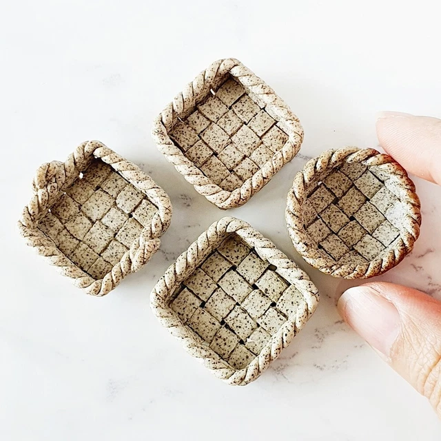 Dollhouse Miniatures Handmade Ceramic Wicker Basket Kitchen Garden Decor Set 4Pc