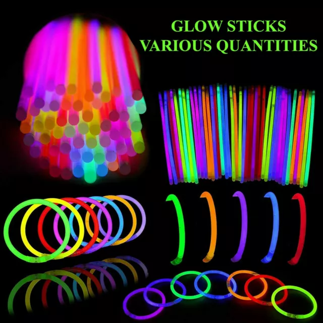 100 x 8” GLOW STICKS BRACELETS NECKLACES NEON COLOURS PARTY FAVORS RAVE DISCO