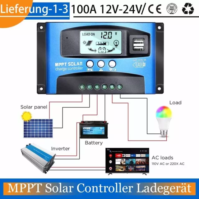 100A 12V-24V MPPT-Solar Ladegerät Controller Panel Regler Daul USB Digital LCD