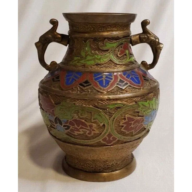 Vintage Japanese Champleve Enameled Bronze Brass Vase with Phoenix Handles 7"