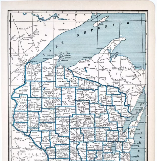 1934 Map WISCONSIN County Township Railroads Madison Lake Superior Milwaukee