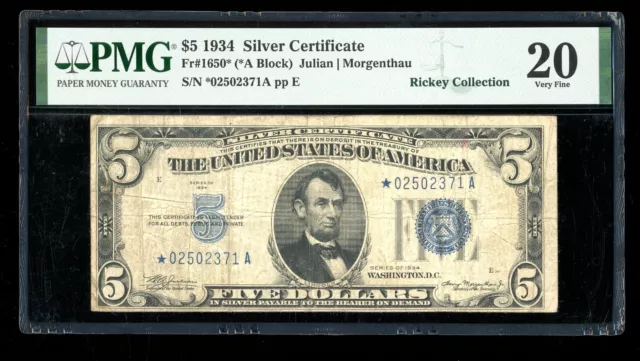 DBR 1934 $5 Silver STAR Fr. 1650* PMG VF-20 Serial *02502371A