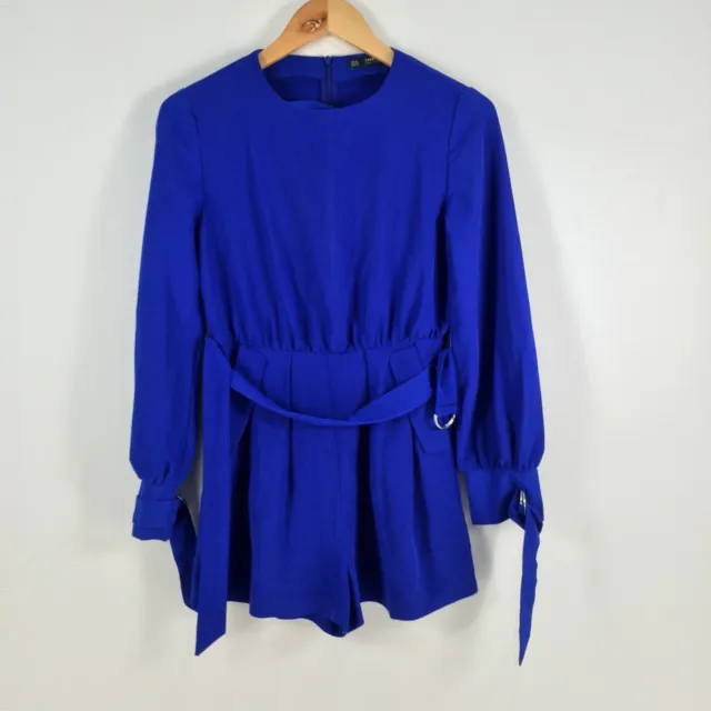 Zara womens playsuit romper size XS blue long sleeve belted solid zip 076725