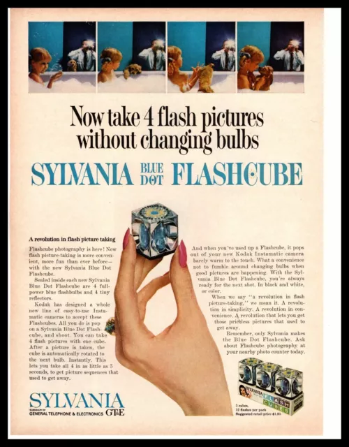 1965 GTE Sylvania Blue Dot Flashcubes "4 Pictures Without Change Bulbs" Print Ad