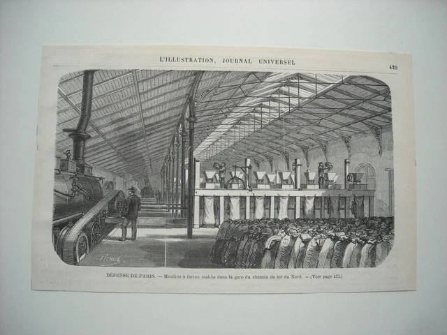 Gravure 1870. Defense De Paris. Moulins A Farine Etablis Gare Chemin Fer Du Nord