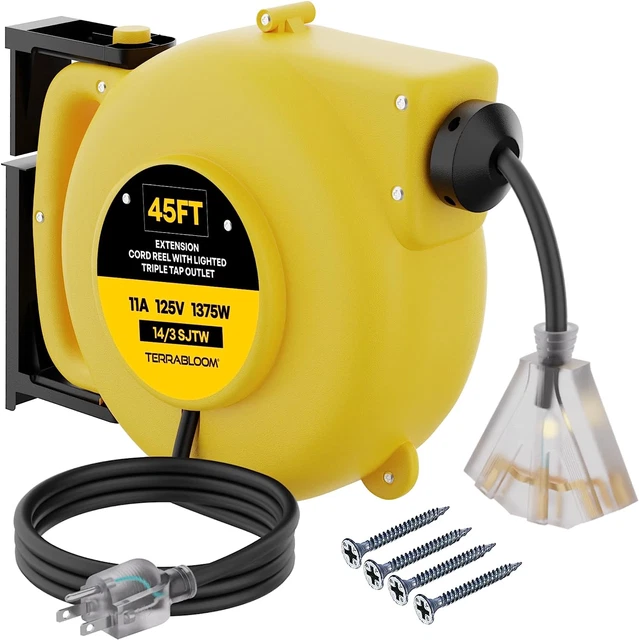 RETRACTABLE EXTENSION CORD Reel with Light Indicator 14/3 Cord Reel