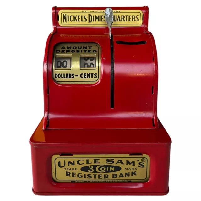 Vintage Red UNCLE SAM'S 3 Coin Register Bank..Works! Distributed by Ohio Art Co.