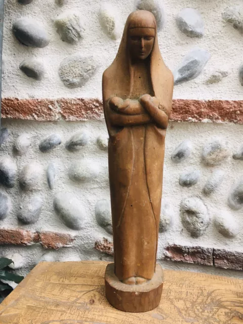 Old Rare Large Sculpture Religious virgin A Child jesus 1950 Plane Wood