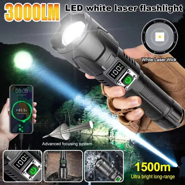 USB Charging White Laser LED Flashlight Torch 3000Lumen Zoom Light 1500m Range