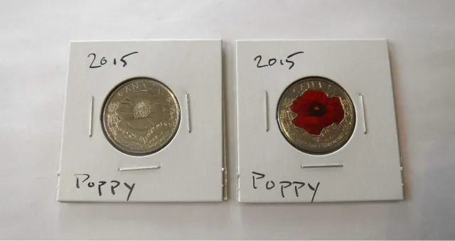 Pair of Both Plain & Coloured 2015 Poppy 25 Cent Coins