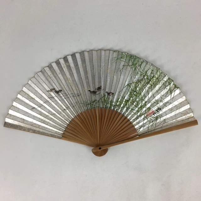 Japanese Folding Fan Vtg Sensu Bamboo Frame Silver Paper Birds 4D614