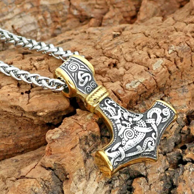 Viking Thors Hammer Mjolnir Gold/Silver Urnes Style Pendant Protection Necklace