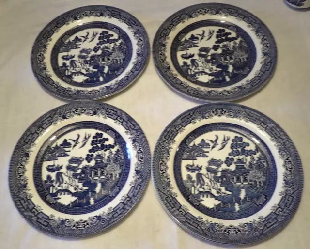 Lot of 4 CHURCHILL of ENGLAND BLUE WILLOW 10 1/4" DINNER PLATES Lion Backstamp