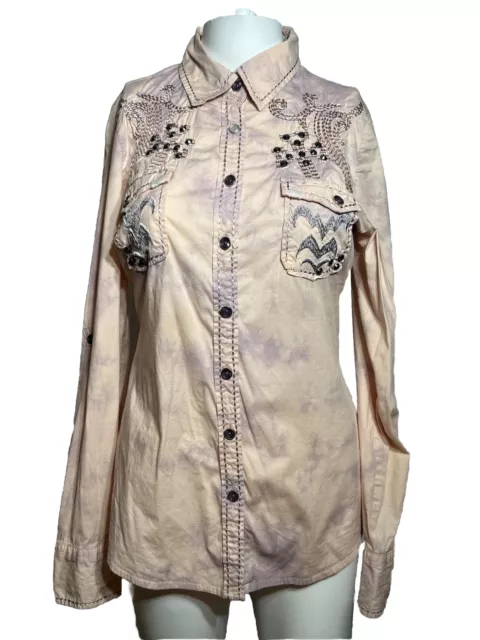 Roar Womens Pink Medium Western Button Up Shirt Embroidered Rhinestones - AC